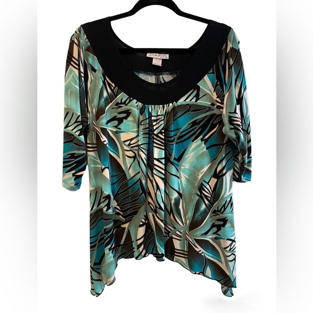 Claudia Richard‎ Asymmetrical Scoop Neck Tunic Top Blouse Green Black Size Large